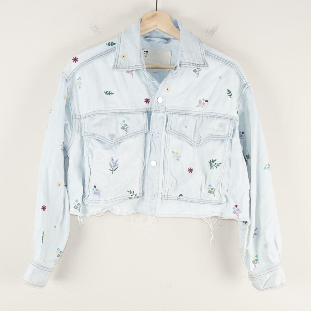 Anthropologie Pilcro Embroidered Utility Cut Off Light Blue Denim Jacket XS